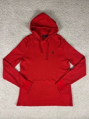 Polo Ralph Lauren Hoodie Mens Large Red Thermal Waffle Knit Pullover Logo